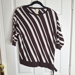 Chico's Cocoa Bean/White Graphic Stripe Suki Side Tie Sweater Size 1 Medium